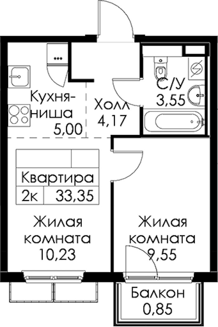 1-комнатная квартира 33.35 м², 15/15 эт., ЖК «Янинский лес»